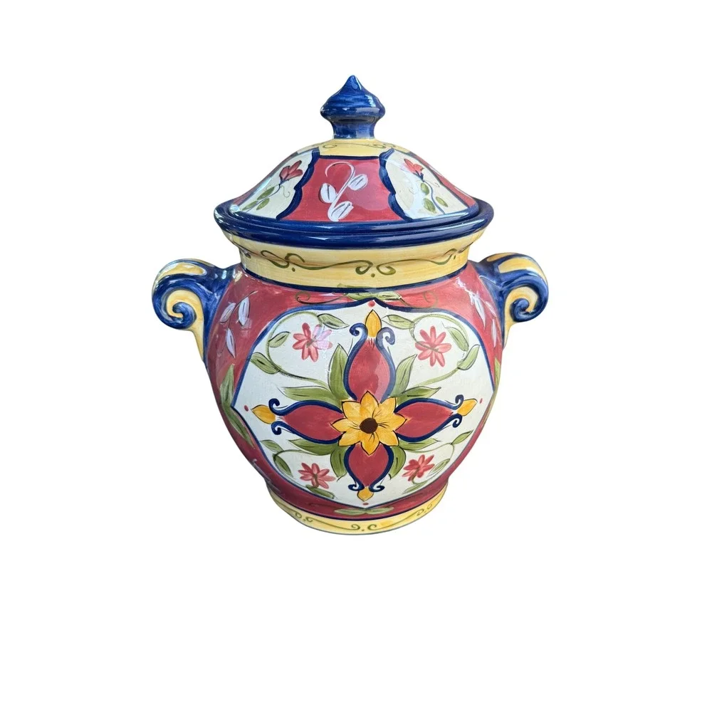 Pier 1 Vallarta Handpainted‎ Earthenware Canister Lidded cookie Jar Floral